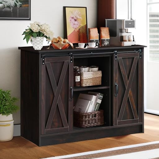4 EVER WINNER Coffee Bar Cabinet with Sliding Barn Doors, 42” Sideboard Buffet Cabinet with Storage