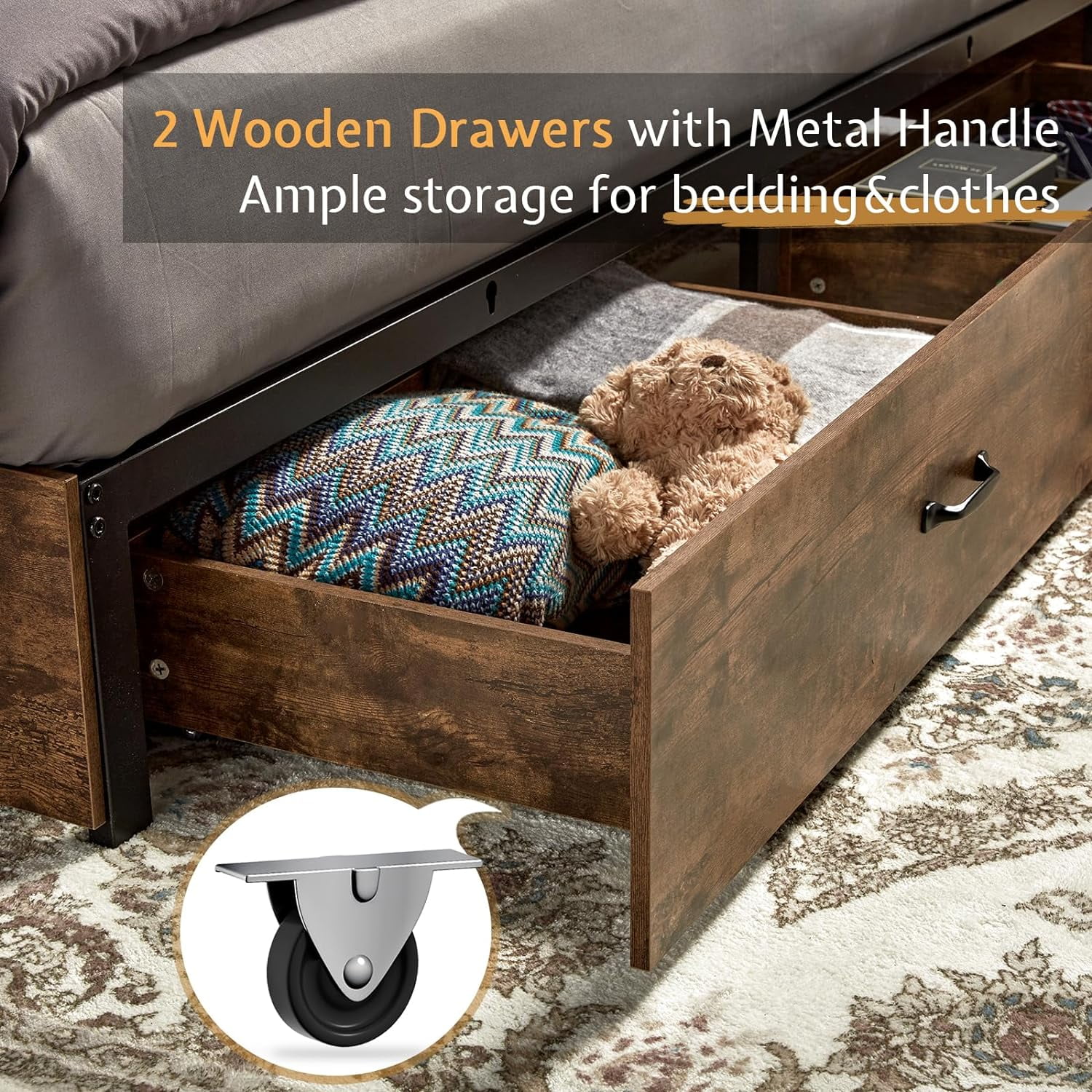 HOWE King Size Wooden Platform Storage Bed Frame with 51.2" Wood Bookcase Headboard(Rustic Brown)