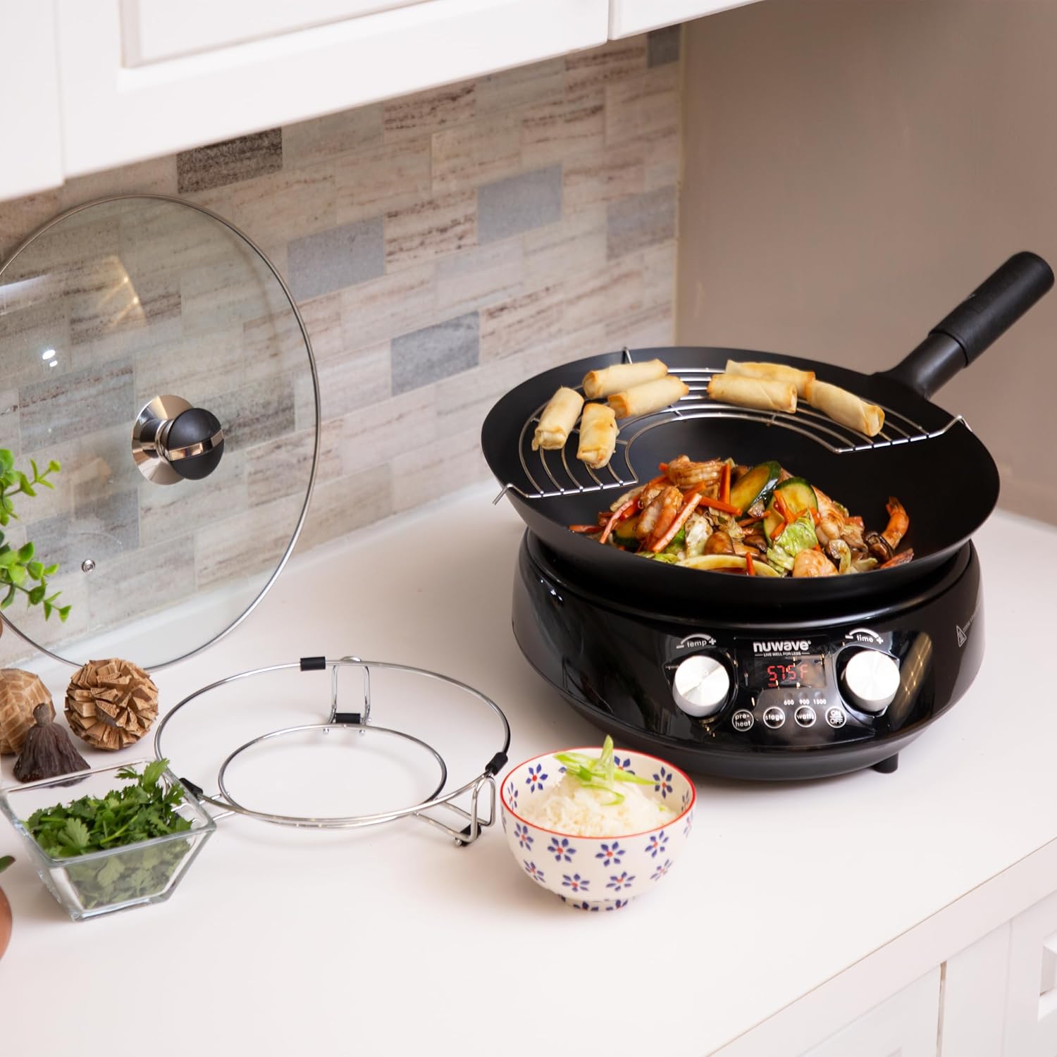 Nuwave Mosaic Induction Wok, Precise Temp Controls from 100°F to 575°F in 5°F, Wok Hei, Infuse Complex Charred Aroma & Flavor, 3 Watts 600,900 & 1500
