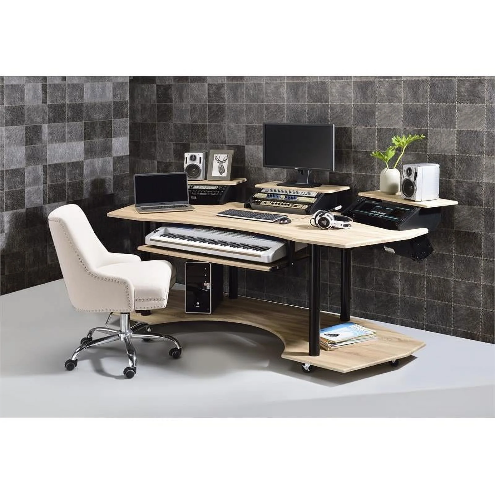 Pemberly Row Contemporary Wood Studio Music Recording Desk in Natural Oak