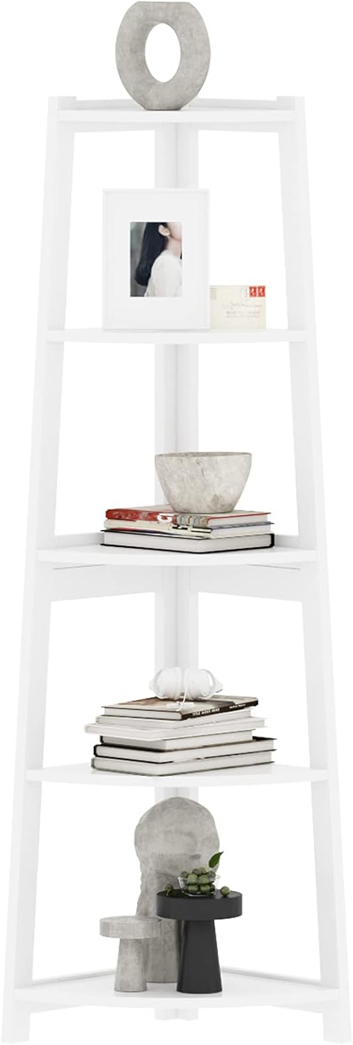 MEETWARM 5 Tier Corner Bookshelf Corner Ladder Shelf Small Bookcase Display Storage Organizer Stand Rack for Living Room Home Office and Kitchen
