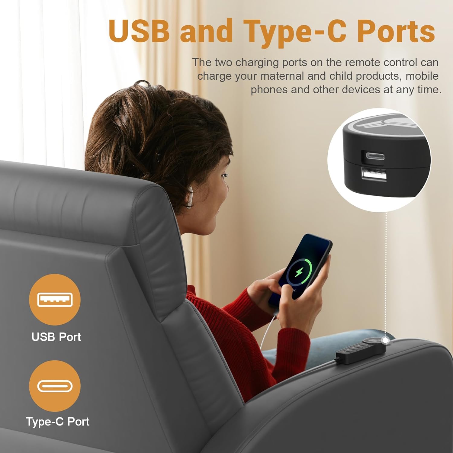 Power Recliner Nursery Glider Chair, Power Adjustable Head Support, 270 Degree Swivel Glider Rocking Chair with USB & Type C Ports