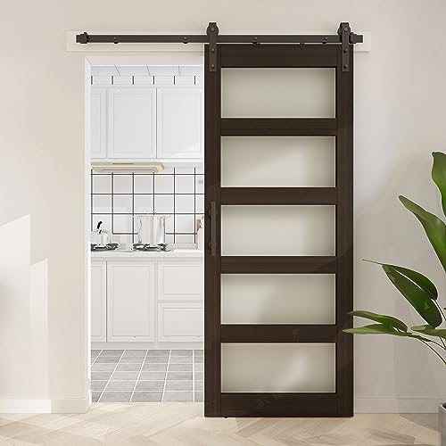 BARNSMITH 42in x 84in Glass Barn Door with 7FT Sliding Door Hardware Kit Included & Handle