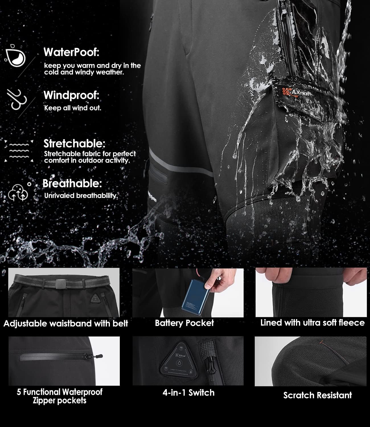 2022 Heated Pants with 20000mAh Battery Pack Electric Heated Snow Hiking Pants Winter Softshell Outdoor Trousers