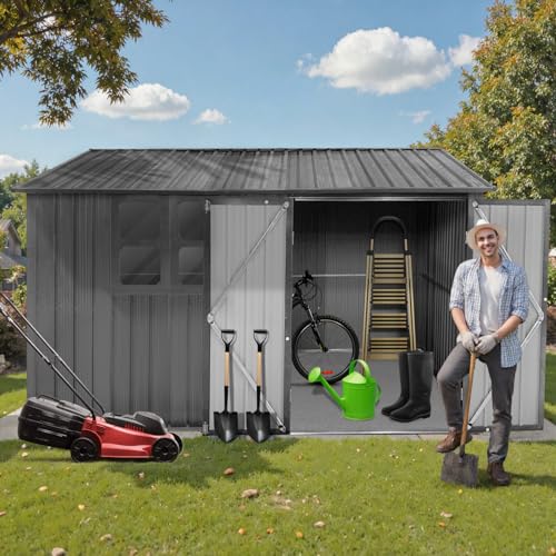 10' x 8' Large Outdoor Storage Shed, Sturdy Metal Building w/Windows & Lockable Doors for Garden, Backyard, Poolside and Lawn, Grey