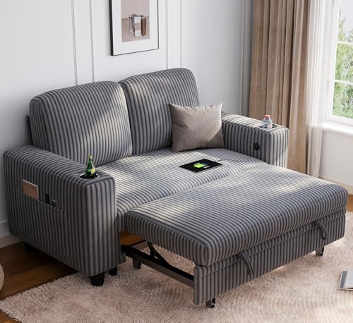 LINSY HOME Sectional Sleeper Sofa with Pull Out Couch Bed Convertible Plush Corduroy Cloud Couch with Storage Chaise & USB Charging