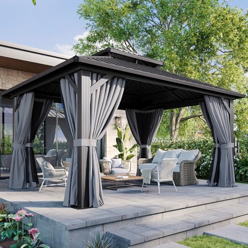 Aoxun 10' X 12' Hardtop Gazebo, Aluminum Metal Outdoor Gazebo with Galvanized Steel Double Roof
