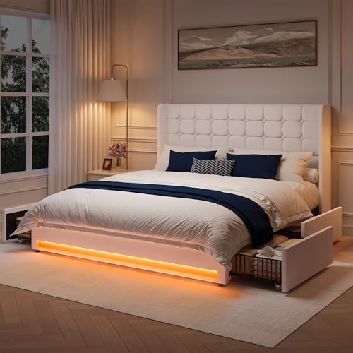 Queen Size LED Bed Frame with 4 Storage Drawers and Tufted Headboard Velvet Upholstered Platform Bed Frame Wingback Beds with Heavy Duty Wood Slats