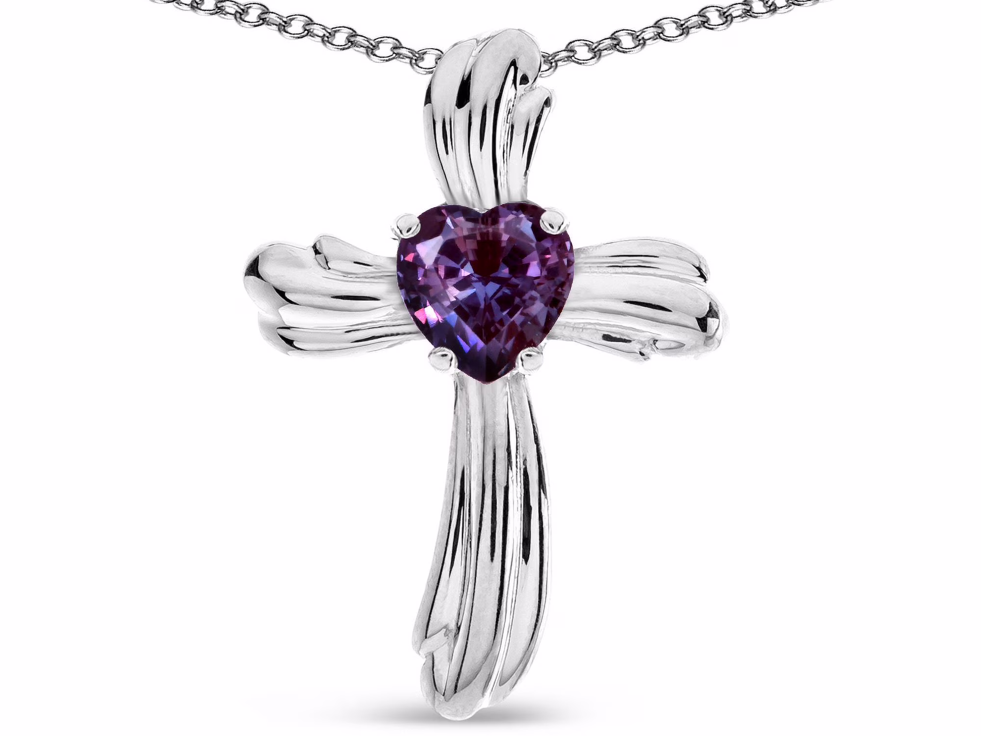 Star K� Heart Shape 6mm Simulated Alexandrite Ribbed Cross Of Love Pendant Necklace 10k White Gold