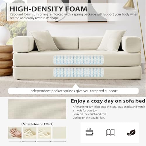 4-in-1 Folding Convertible Sofa Bed, 78 Inch Boneless Couch with Fixed-Shape Frame, Corduroy Loveseat Sleeper with Pull Out Bed