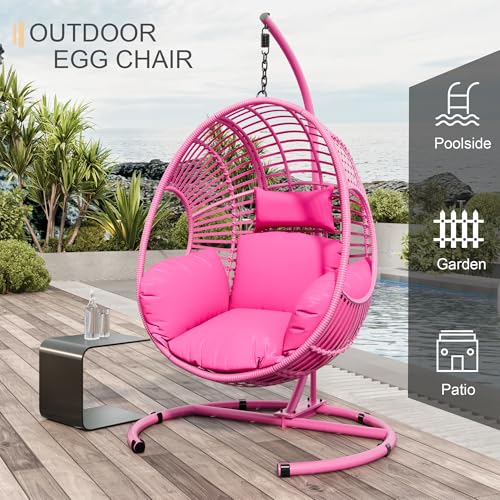 Oversized Hanging Egg Chair Outdoor Indoor, Wicker Swing Egg Chair with Stand 400lbs Capacity for Bedroom, Patio, Garden and Balcony (Beige-nest