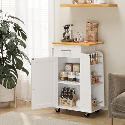 Shintenchi Rolling Kitchen Island Cart with Folding Drop Leaf Breakfast Bar, Portable Trolley Island with Large Storage Cabinet, Shelf and Drawer