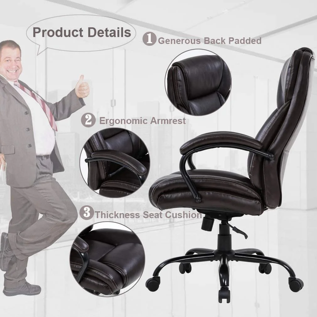 BestOffice Big and Tall Office Chair 500lbs Wide Seat High Back PU Adjustable, Brown