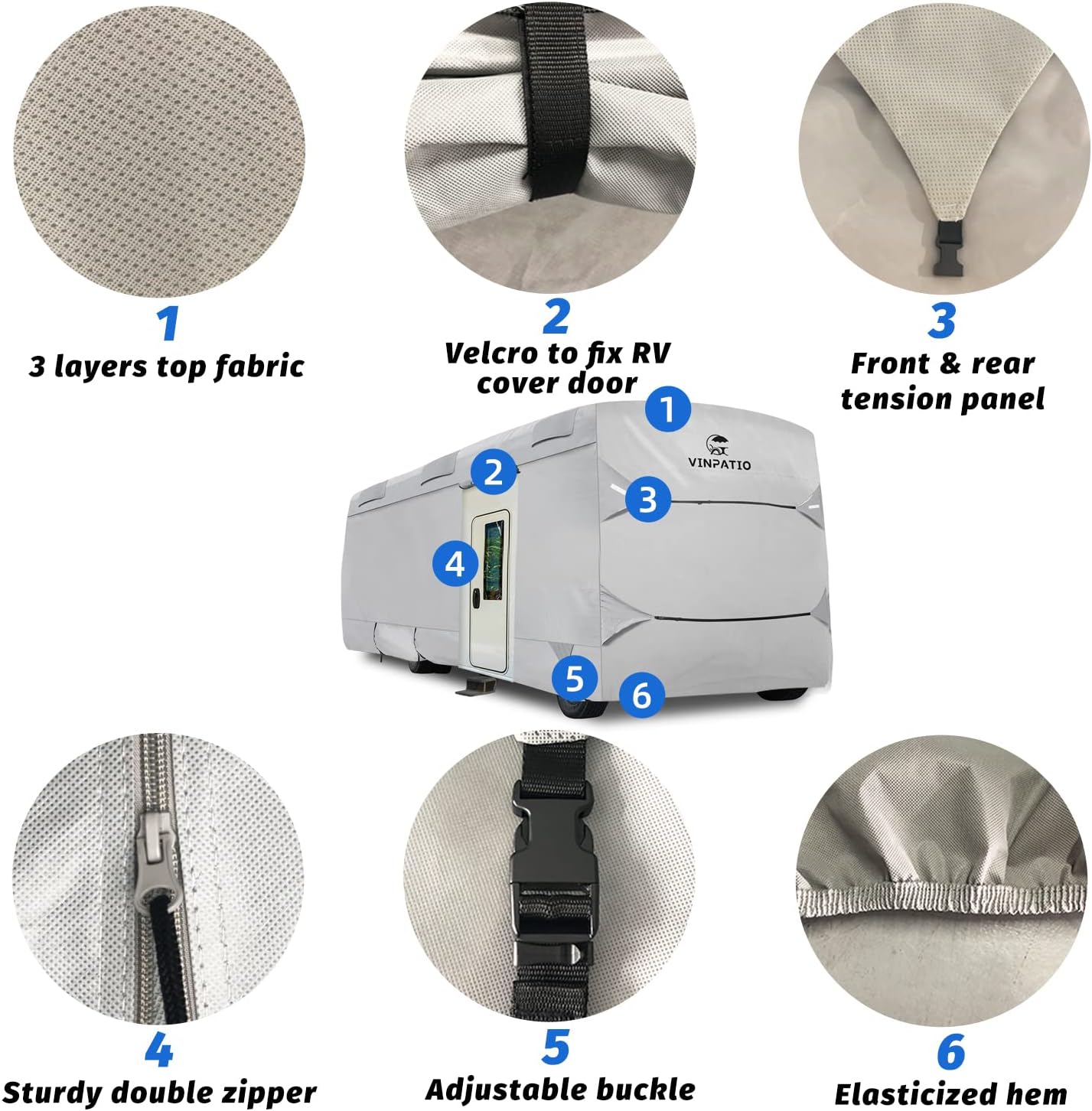 VINPATIO Class A RV Cover Thick 3 Layers Polypro Anti-UV Camper Cover Fits 37-40Ft Motorhome Breathable Waterproof Quick Drying, Grey