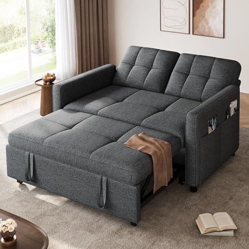 YITAHOME 55" Convertible Sofa Bed, 3-in-1 Sleeper Sofa with Iron Frame Pull-Out Bed, Linen Futon Couch with Reclining Backrest and Side Pocket
