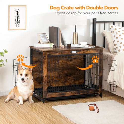 HOOBRO Dog Crate Furniture, 38.6" Large Dog Kennel Indoor, Wooden Cage with Pull-Out Tray