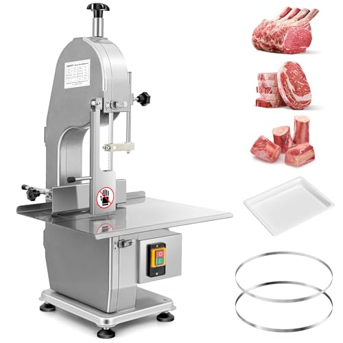 Commercial Electric Meat Saw, 750W Bone Saw For Butchering,110V Meat Bandsaw, Bone Cutting Machine with 2 Saw Blades,0.39-4.3 Cutting Thickness