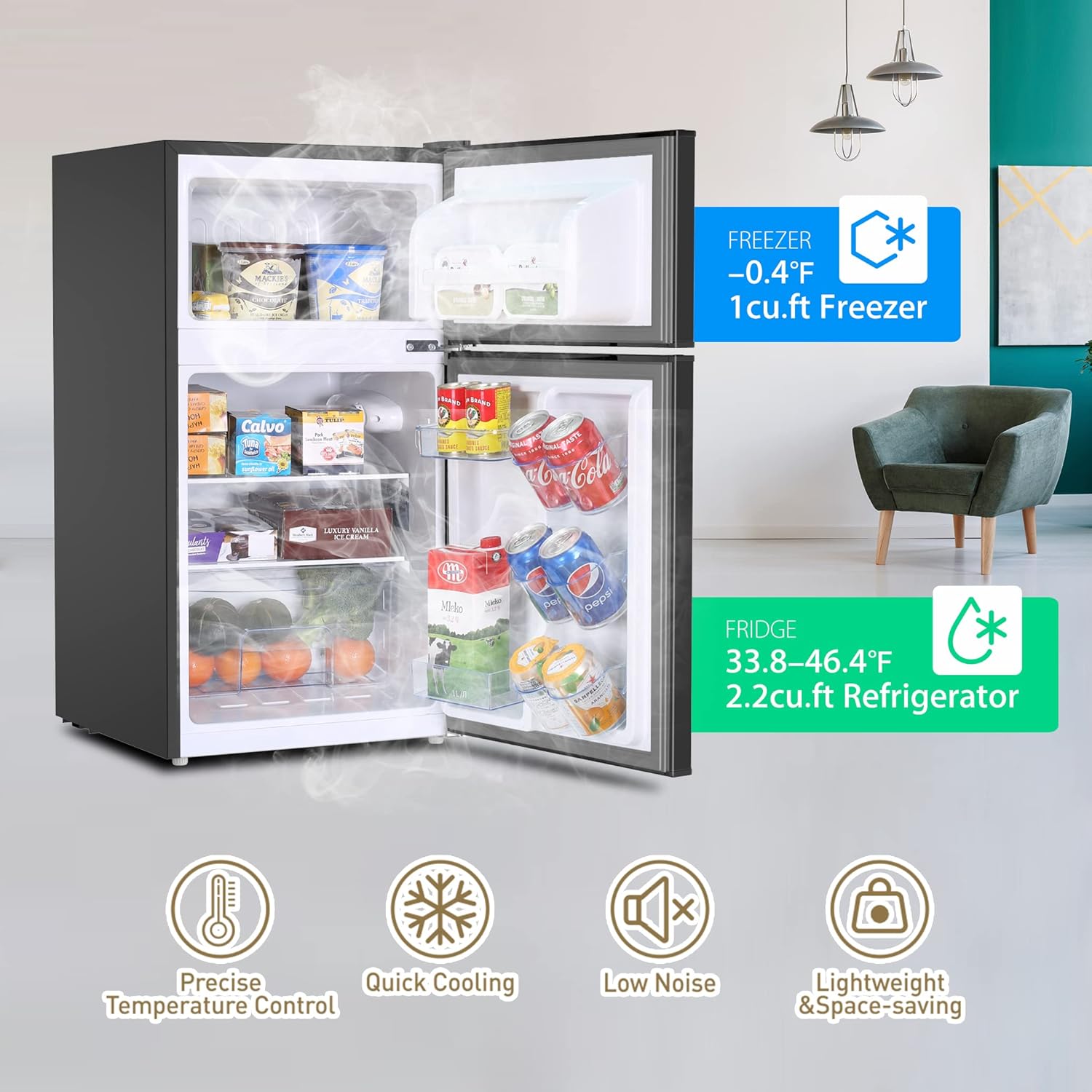 3.2 Cu.Ft Compact Refrigerator with 2 Doors, Mini Fridge with Freezer, 37dB Quiet, 7-Settings Mechanical Thermostat, LED Lights