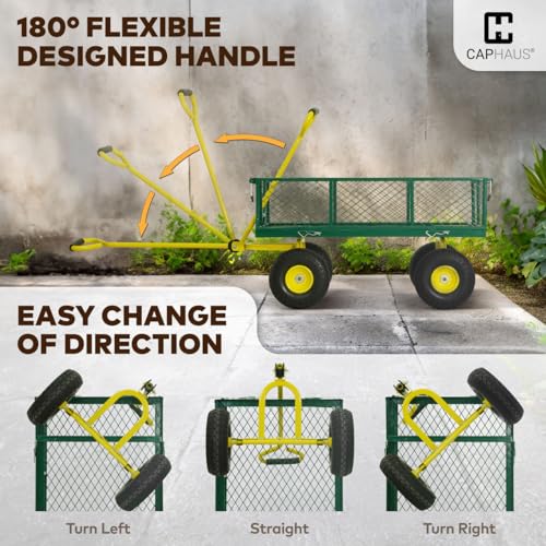 CAPHAUS Metal Black Garden Cart, w/ 180° Adjustable Yellow Handle, w/Mat and Strap, Heavy Duty 880 lbs Capacity, w/ 10” Flat-Free Tires