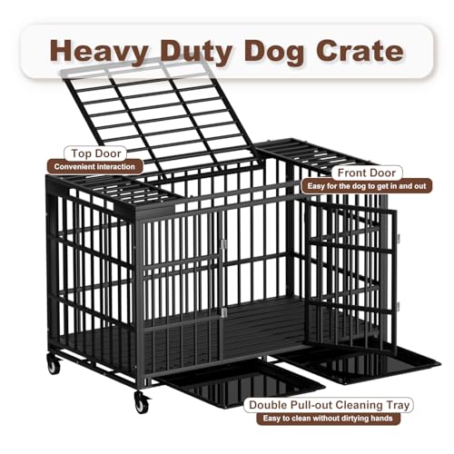 54 Inch Heavy Duty Dog Crate with Wheels，Indestructible Escape-Proof Dog Cage for Large Dogs