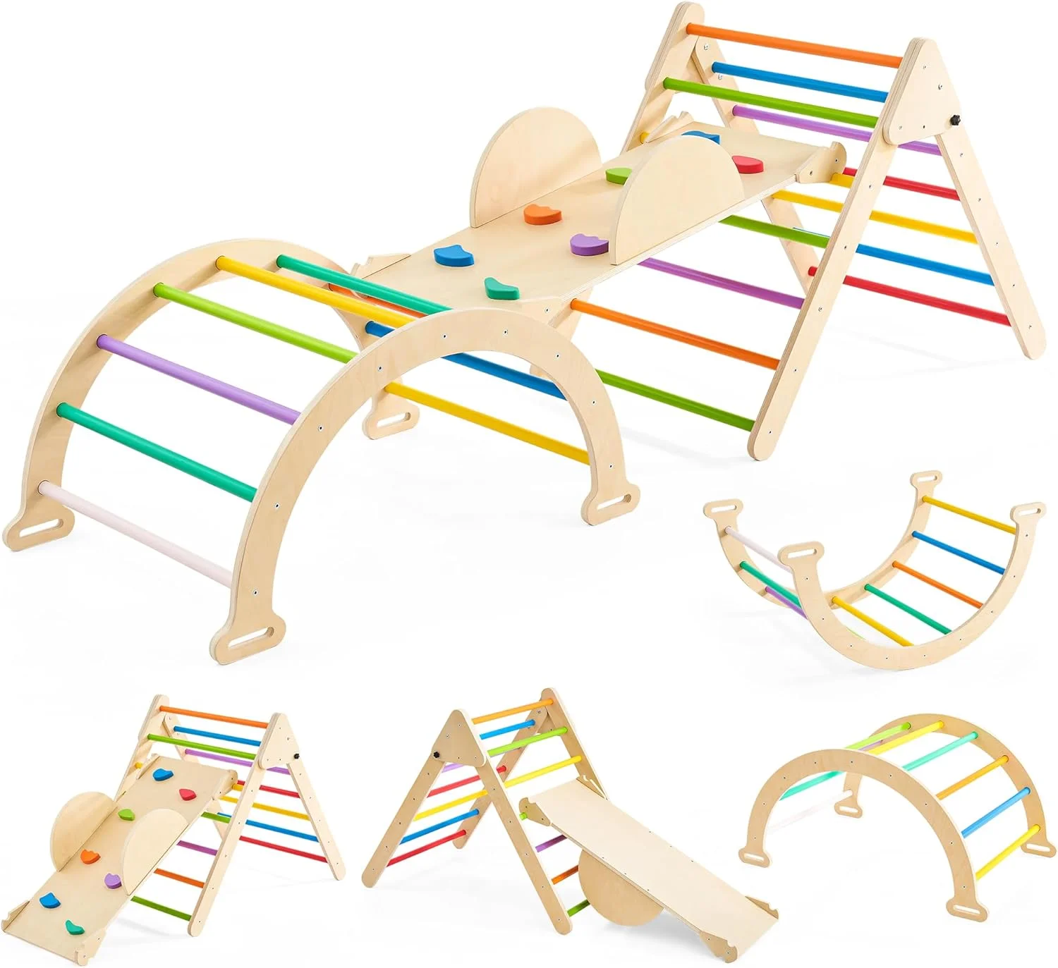 Pikler Triangle Set, 4 in 1 Wooden Toddler Climbing Toys Indoor, Indoor Playground with Ramp for Sliding or Climbing
