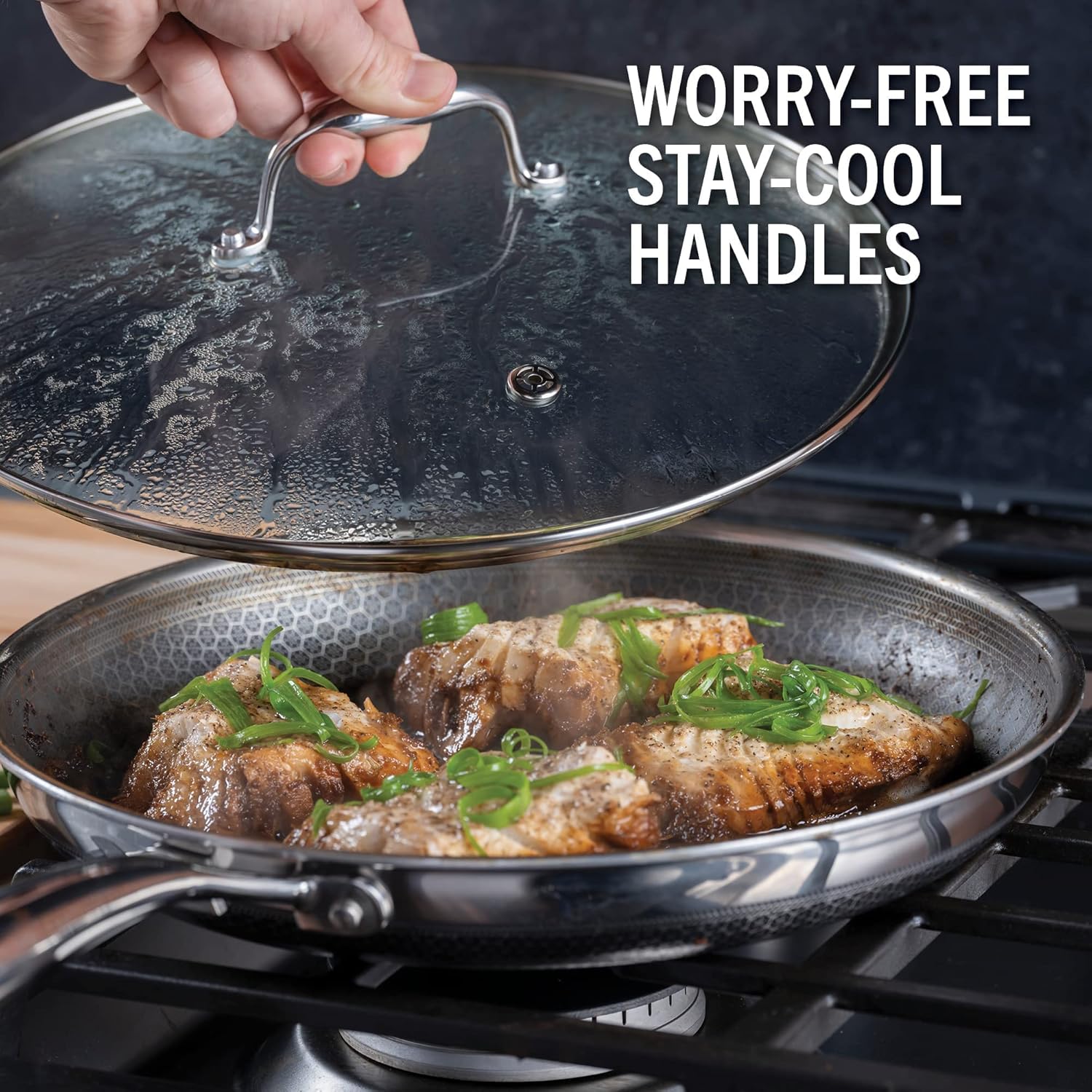 HexClad 4 Piece Hybrid Stainless Steel Cookware Set - 8 Inch Frying Pan with Lid and 12 Inch Frying Pan with Lid, Stay Cool Handle