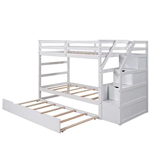 Ball & Cast Twin-Over-Twin Bunk Bed with Twin-Size Trundle and 3 Storage Stairs,Wood Bunkbed w/Full-Length Guardrails,Slat Support