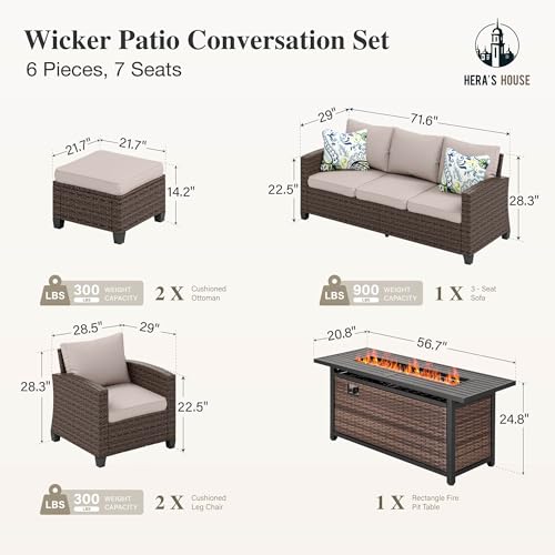 HERA'S HOUSE Patio Furniture Set with 56" Fire Pit Table, Outdoor Patio Conversation Sets