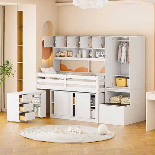 Harper & Bright Designs Full Size Loft Bed with Wardrobe, Wooden Full Loft Bed Frame Big Storage with Under-Bed Desk, Drawers and Shelves, Gray
