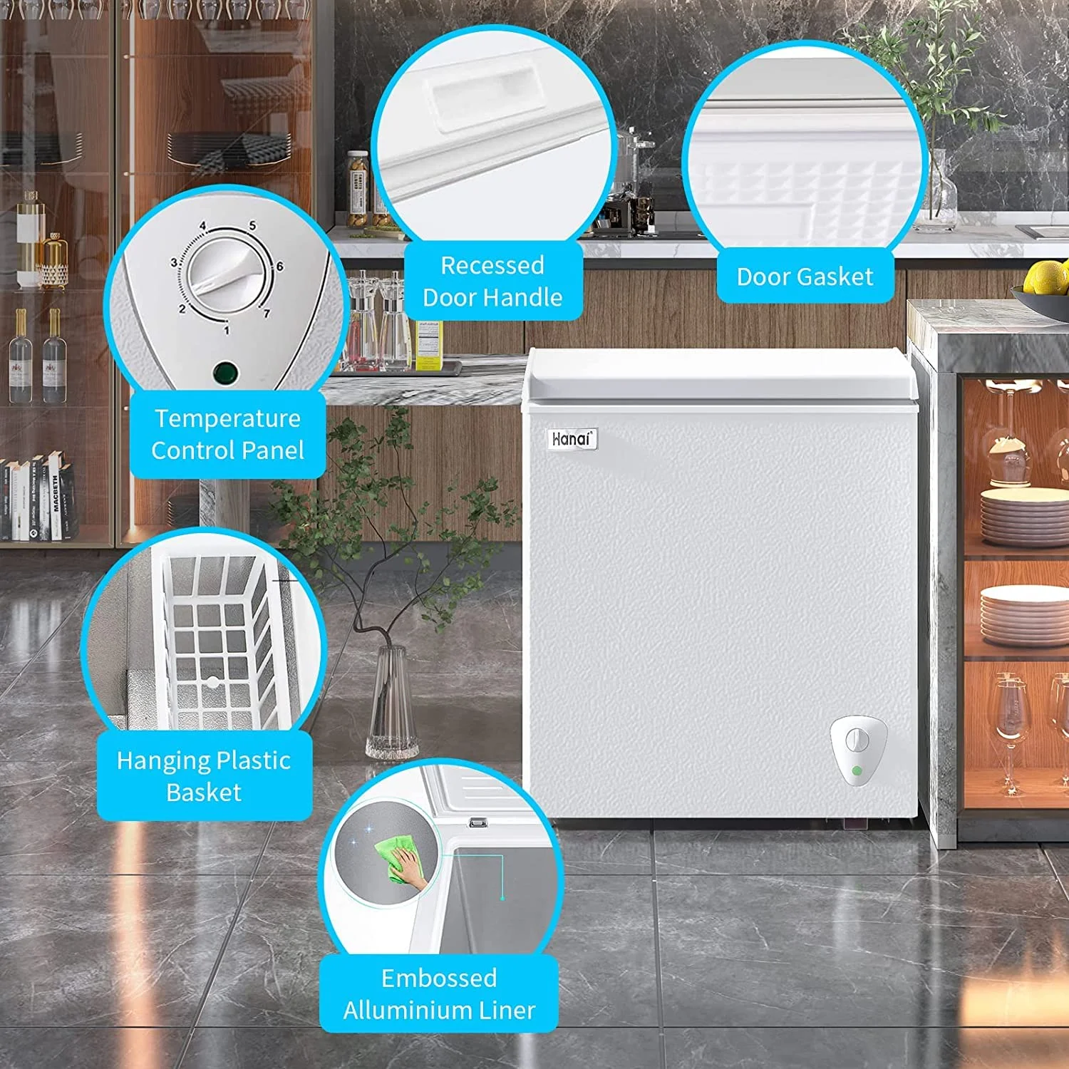 WANAI 5.0 Cubic Chest Freezer, Compact Deep Freezer with Top Open Door and Removable Storage Basket, 7 Gears Temperature Control, Energy Saving