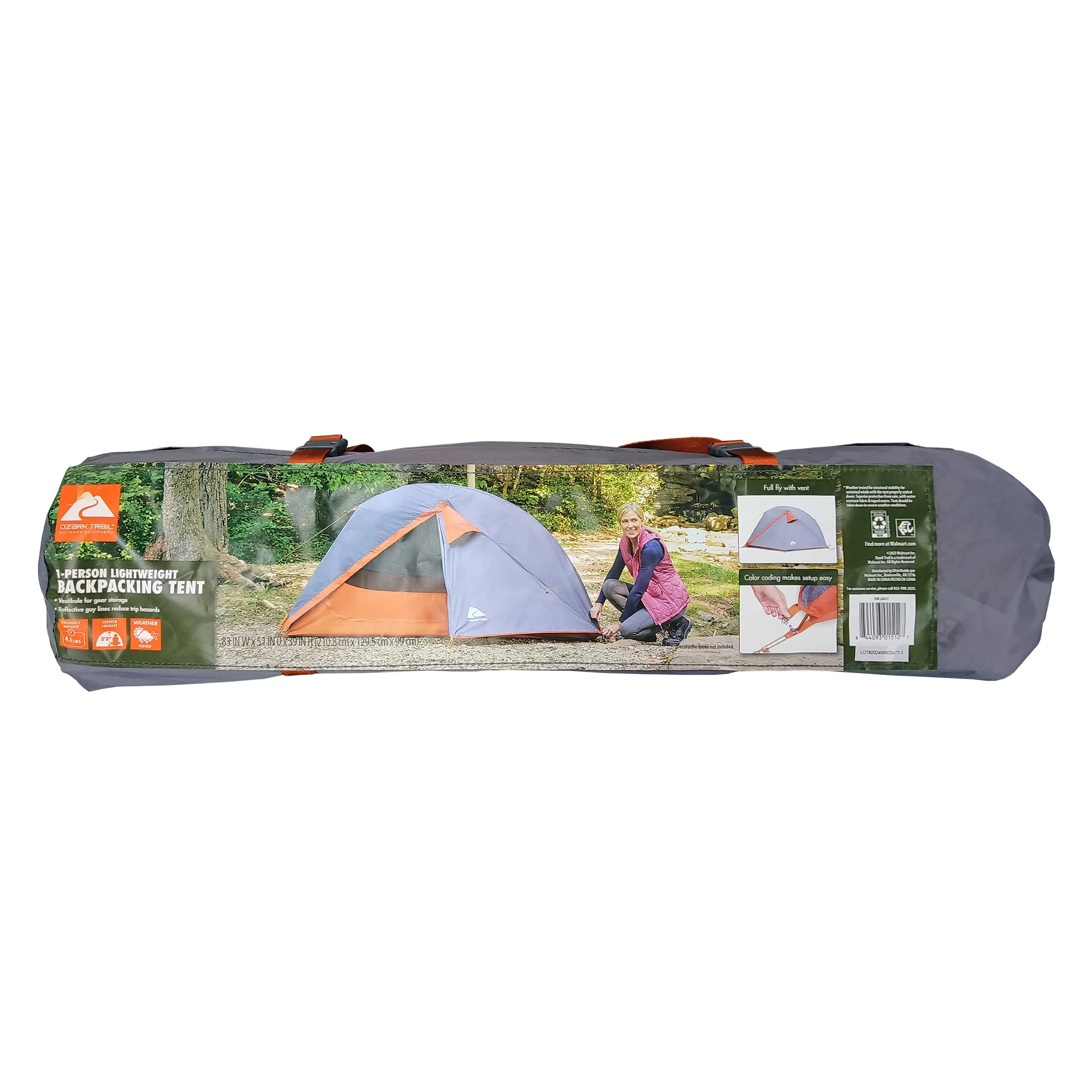 Ozark Trail 1-Person Lightweight Backpacking Tent, 82 in. x 51 in., 3.65 lb. Carry Weight, Orange
