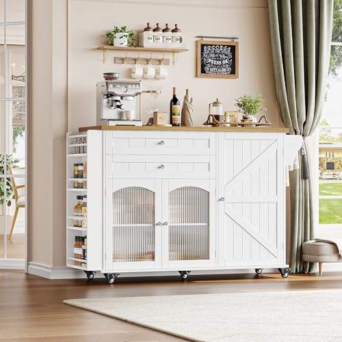 FINETONES Kitchen Island with Storage, Rolling Kitchen Island on Wheels with Wood Drop Leaf Countertop