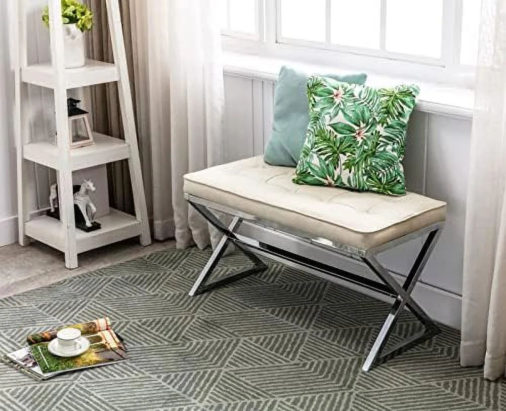 YZboomLife PU Leather Upholstered Entryway Bench Tufted Padded Bench with Metal X Legs for Bedroom End of Bed/Under Window/Living Room/Hallway/Foyer