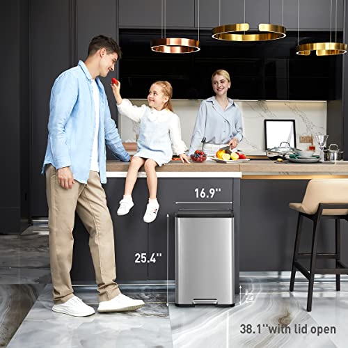 EKO EcoCasa II 36L+24L Dual Trash Can with Recycle Bin, Stainless Steel Garbage Can with Lid, Deodorizer Compartment