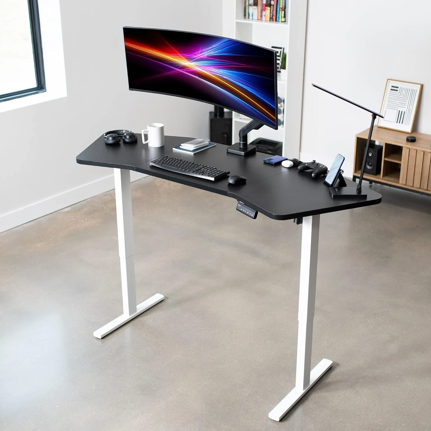 Electric Height Adjustable 71 X 24 Inch Wing-Shaped Stand Up Desk, Complete Active Corner Standing Workstation With Black Table Top, White Frame