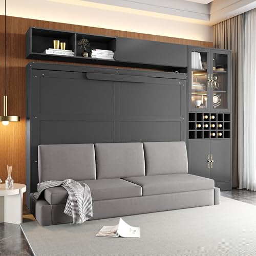 Queen Size Murphy Bed with Sofa, Shelves, USB & Light, Can be Folded Wall Bed and Tall Cabinet with Glass Doors& Wine Rack
