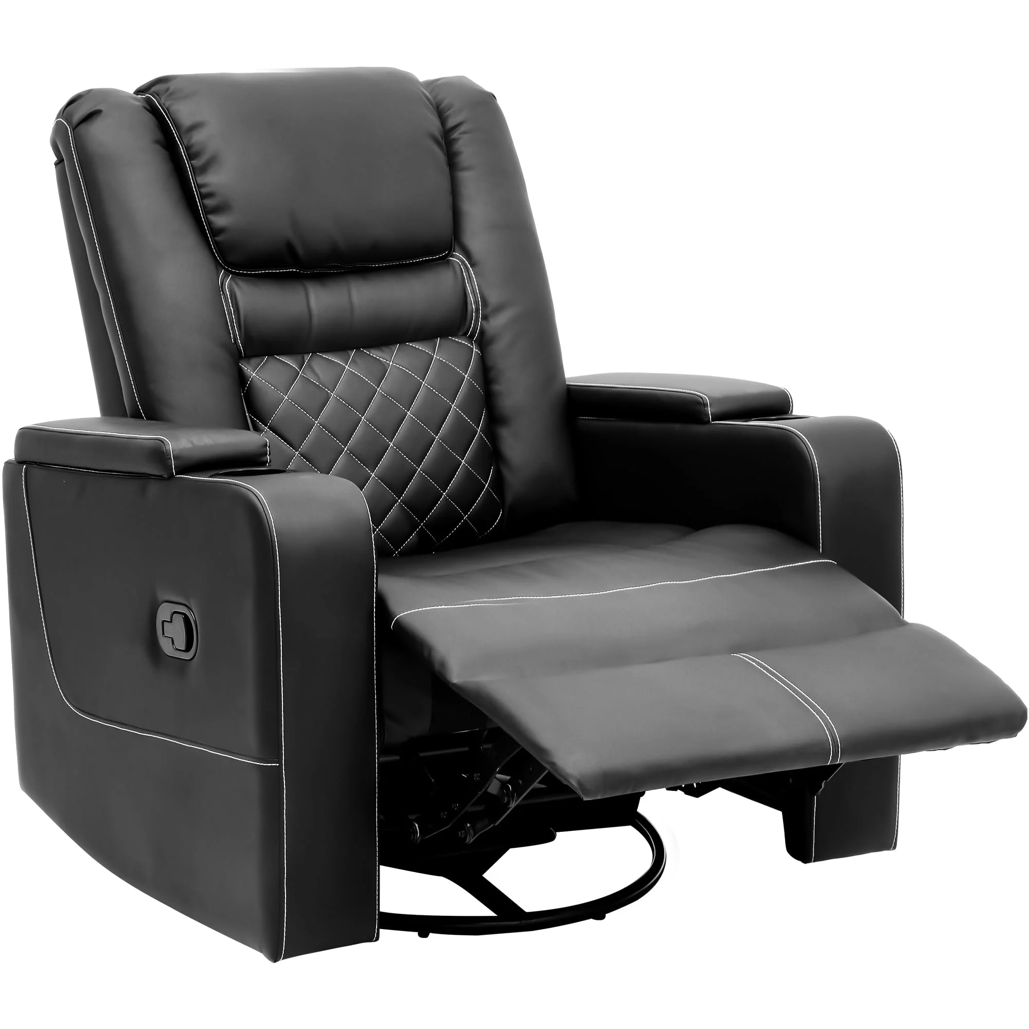 Dextrus Swivel Recliner with Flip Armrests, Manual Pull Loop, and Cup Holders, Soft Leather Recliner Glider for Home Theater - Black