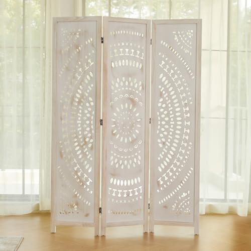 66.9Inch Folding Room Divider, 6 Panels Wood Carved Privacy Screens