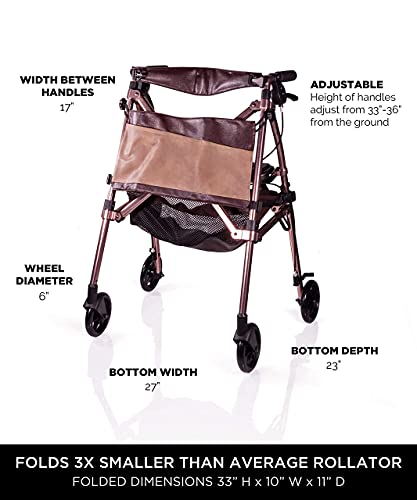 Elite Travel Rollator Short, Junior Foldable and Lightweight 4-Wheel Rolling Walker with Seat for Adults, Seniors, and Elderly
