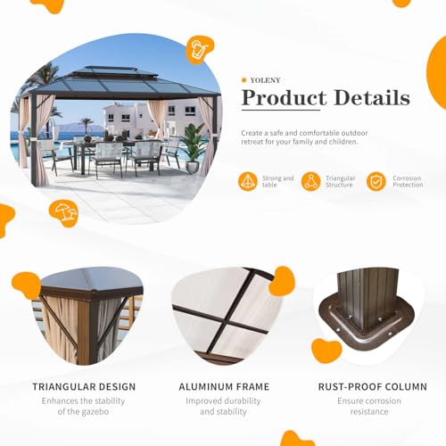 YOLENY 10'x13' Hardtop Gazebo, Outdoor Polycarbonate Double Roof Canopy, Aluminum Frame Permanent Pavilion with Curtains and Netting