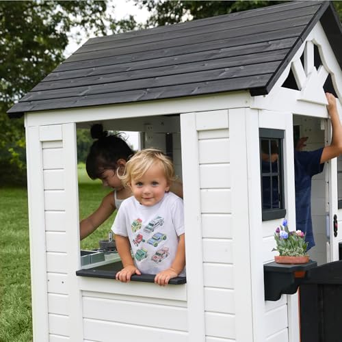 Backyard Discovery Sweetwater Cedar Wooden Kids Playhouse Cottage with Play Kitchen, Snack Bar, Half Door, Toy Phone, Windows, Flowerpot Holders