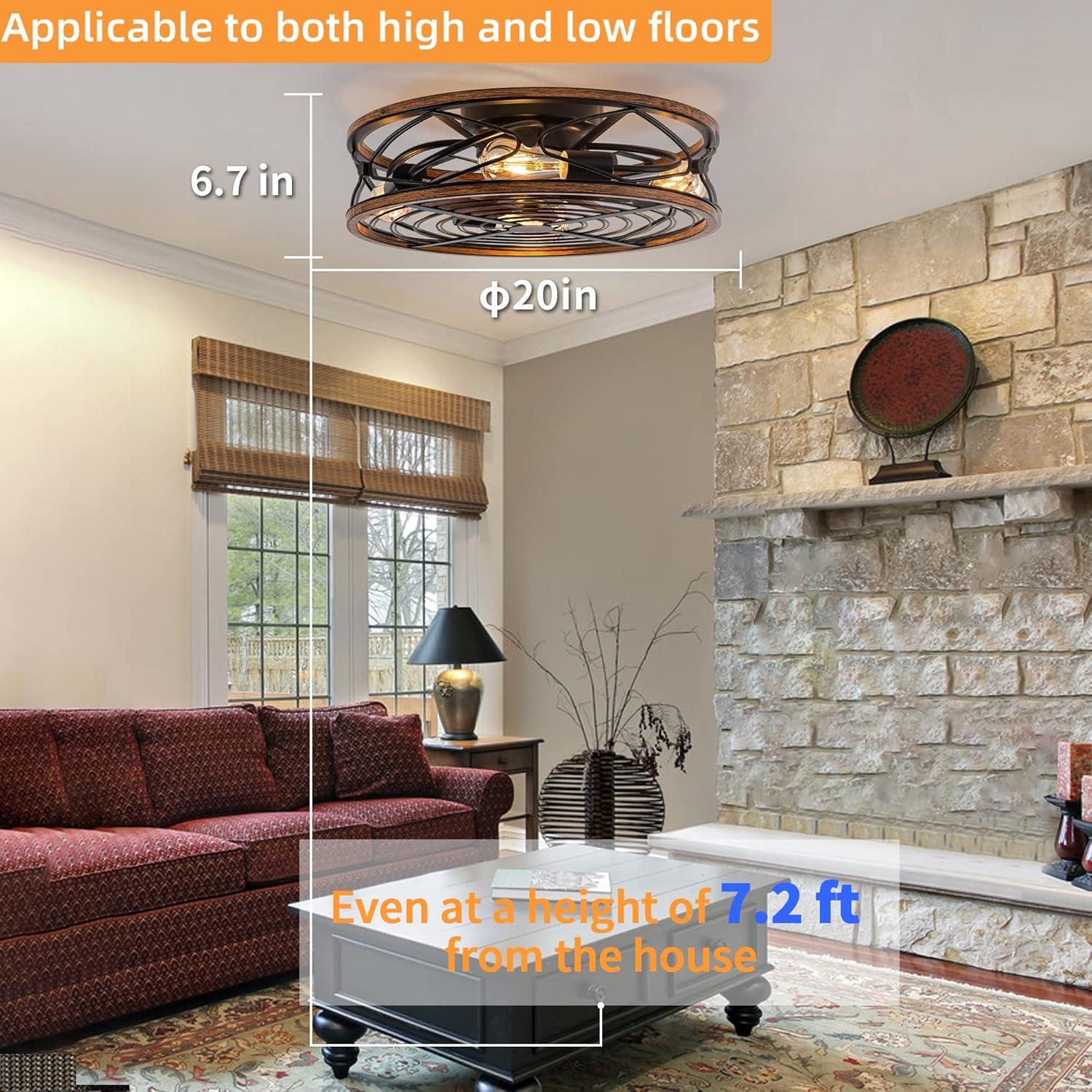 Caged Ceiling Fan With Light, 20 in Bladeless Ceiling fan With Remote Control