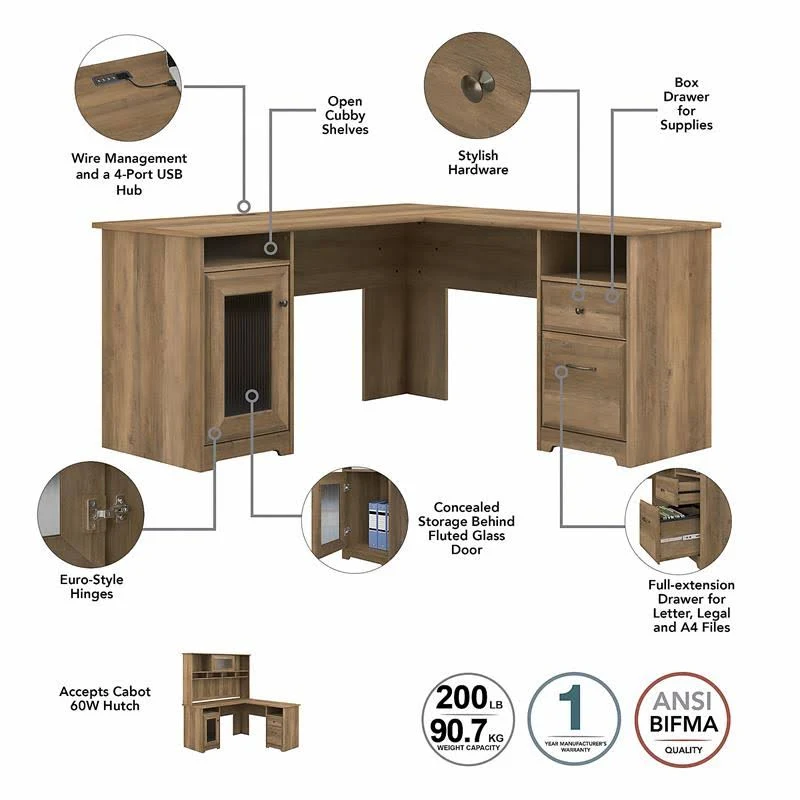 Bush Furniture Cabot Collection - Desk with 5-shelf bookcase - with hutch - L-shaped - reclaimed pine