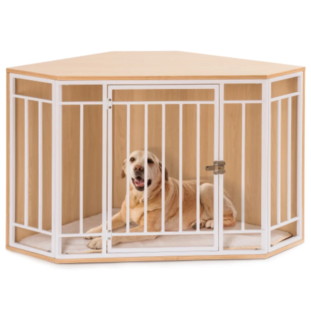 Corner Dog Crate with Cushion, Dog Kennel with Wood and Mesh, Doghouse, Pet Crate Indoor Use