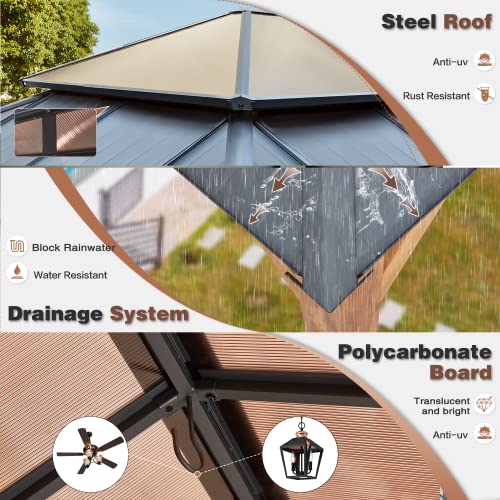 EROMMY 12'x20' Hardtop Gazebo Double Roof Galvanized Steel Canopy Outdoor Aluminum Frame Permanent Metal Pavilion with Netting and Curtains for Patio