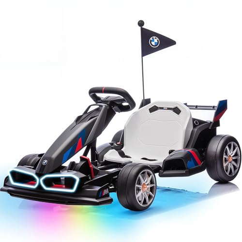 Electric Go Kart with Adjustable Seat, 24V Licensed BMW Drift Kart with Dual 200W Motors, Crazy Go Cart for Kids Ages 6-12, LED Lights