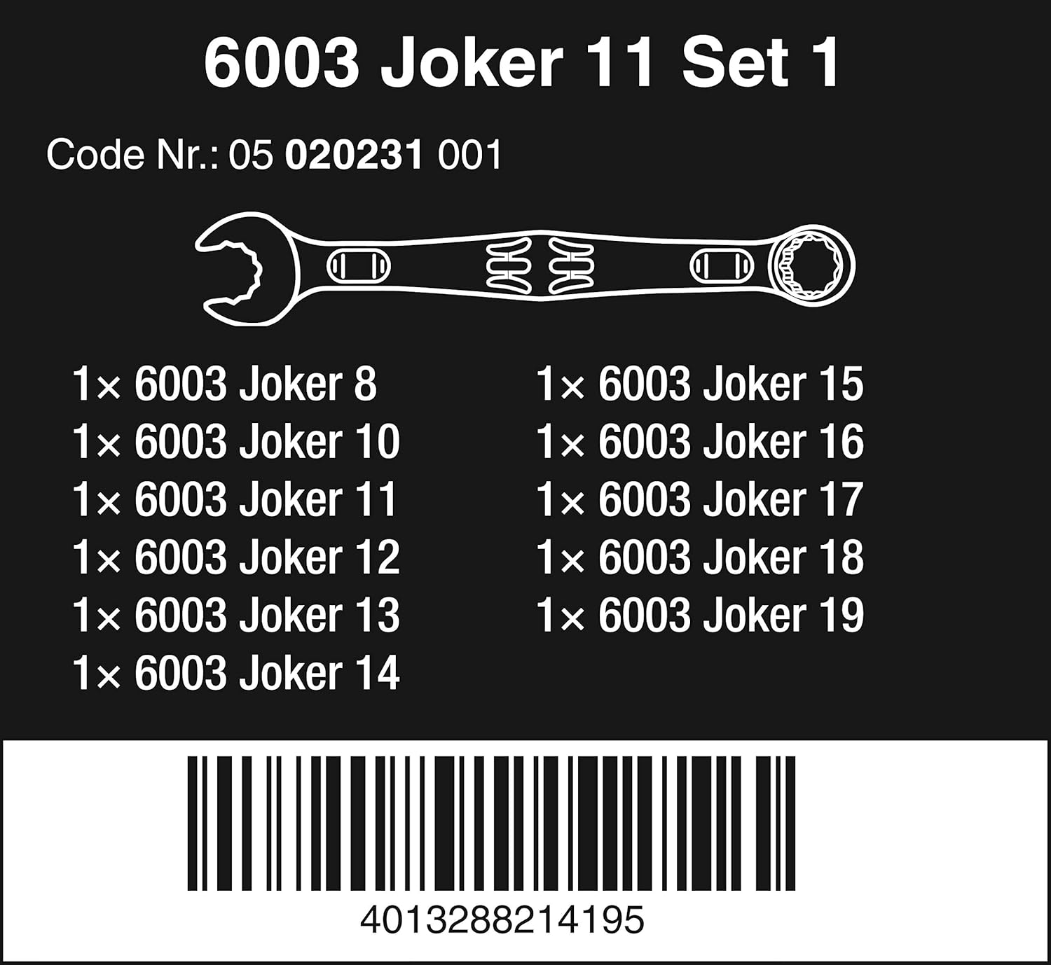Wera 05020231001 6003 Joker 11 Set 1 Combination Wrench Set, 11 Pieces