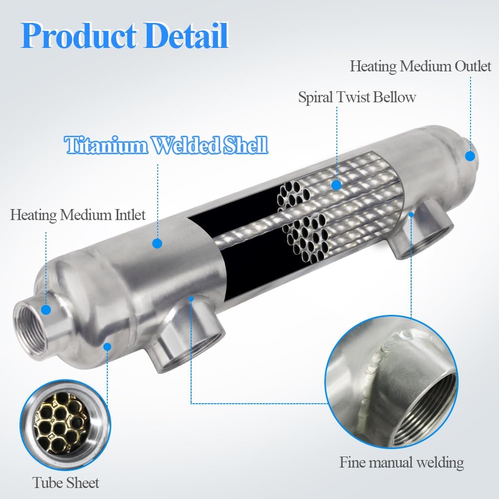 AB 600kBtu Titanium Pool Heat Exchanger: Shell and Tube Heat Exchanger Same Side Ports 2 1/2" & 2" FPT