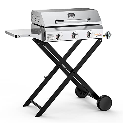 Portable Propane Gas Griddle 3-Burner with Foldable Cart & Side Table, Flat Top Gas Grill Griddle Stove with Lid