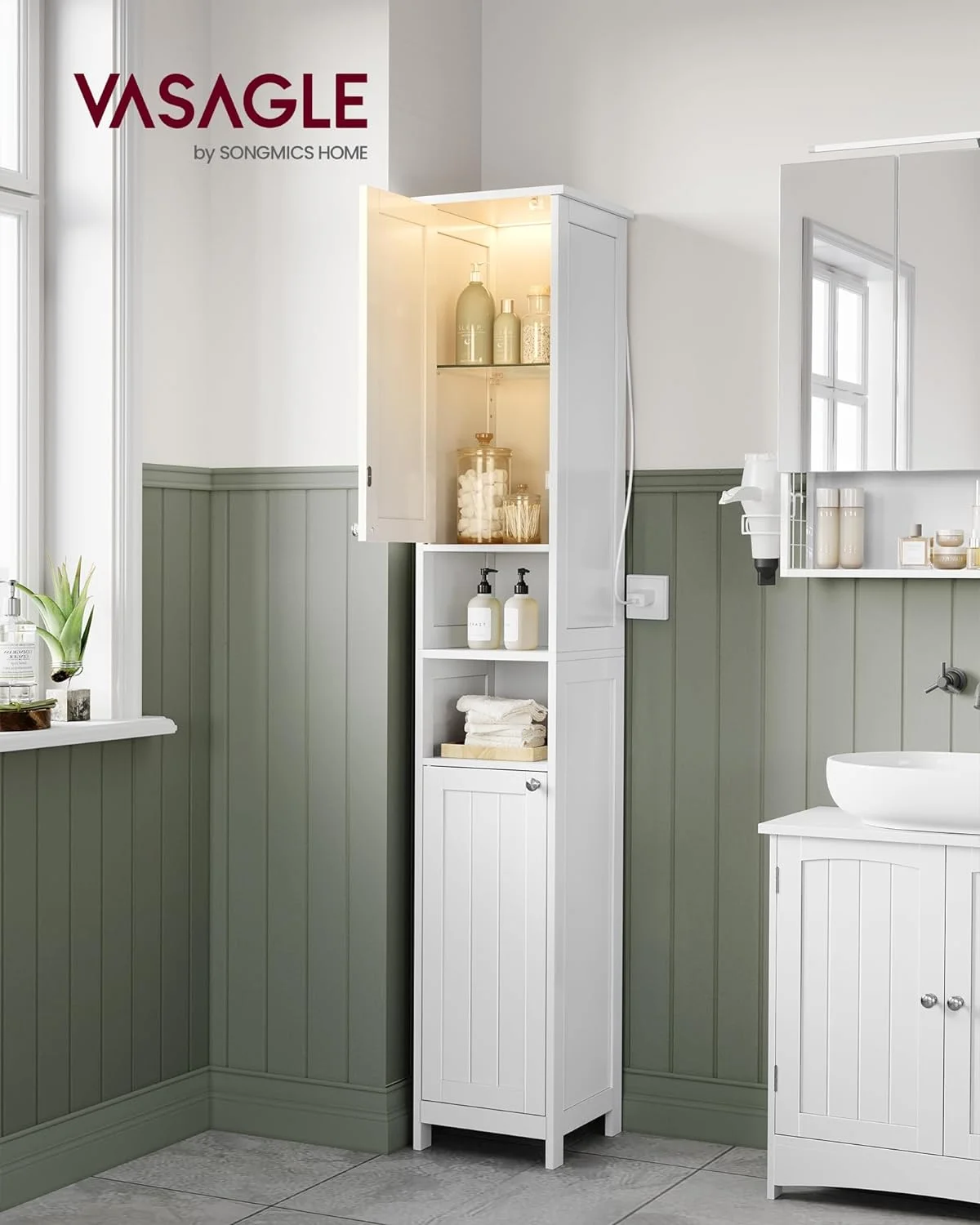 QCAI Tall Bathroom Cabinet with Lights, Slim Bathroom Storage Cabinet, Freestanding Narrow Cabinet with Adjustable Shelves, Open compartments
